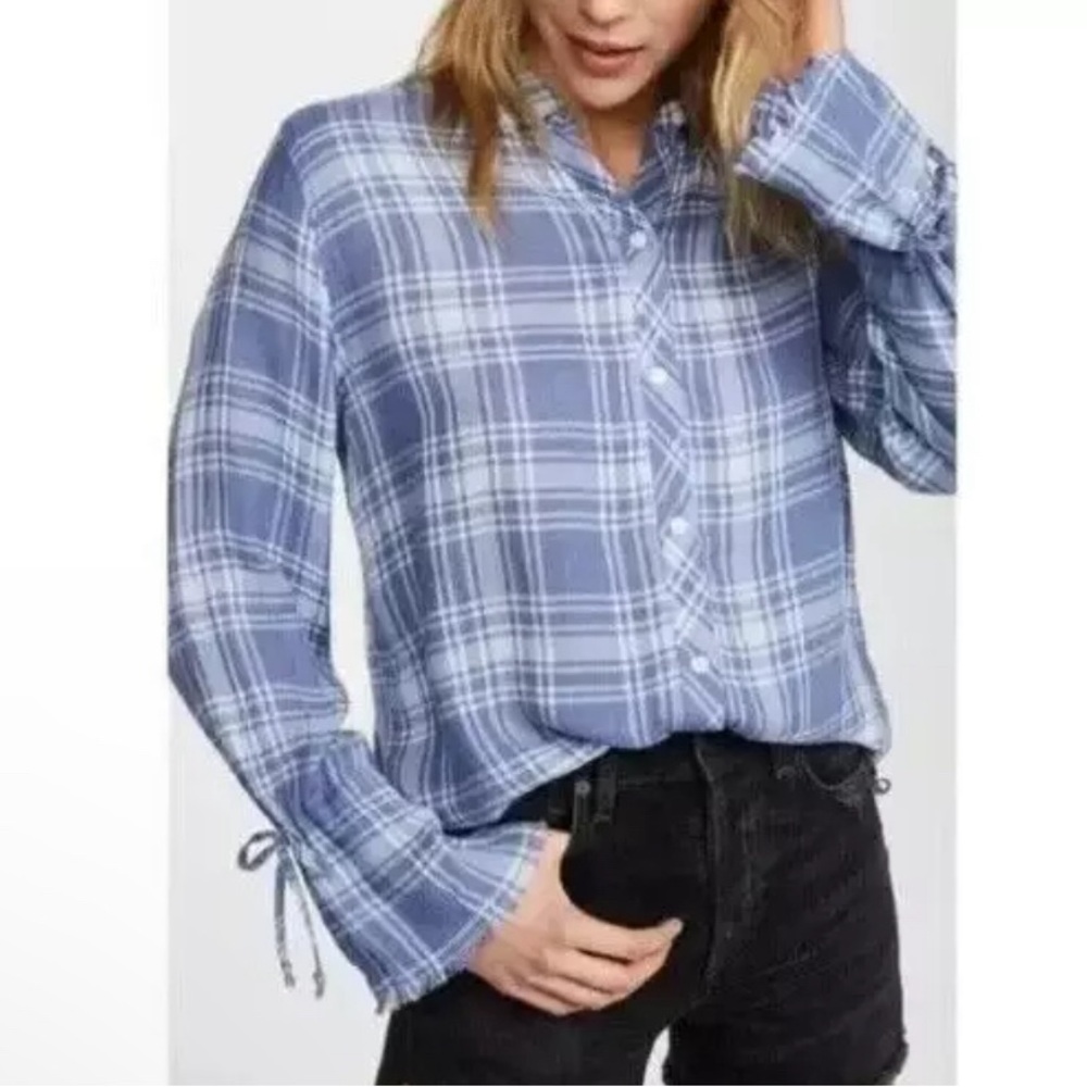 NWT Rails Astrid Cali Blue Raw Hem Tie Cuff Long Sleeve Button Up Top Sz XS $148